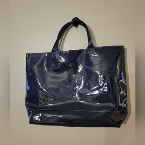 NWOT Vinyl Look Navy Blue Waterproof Tote Bag With Light Blue Lining